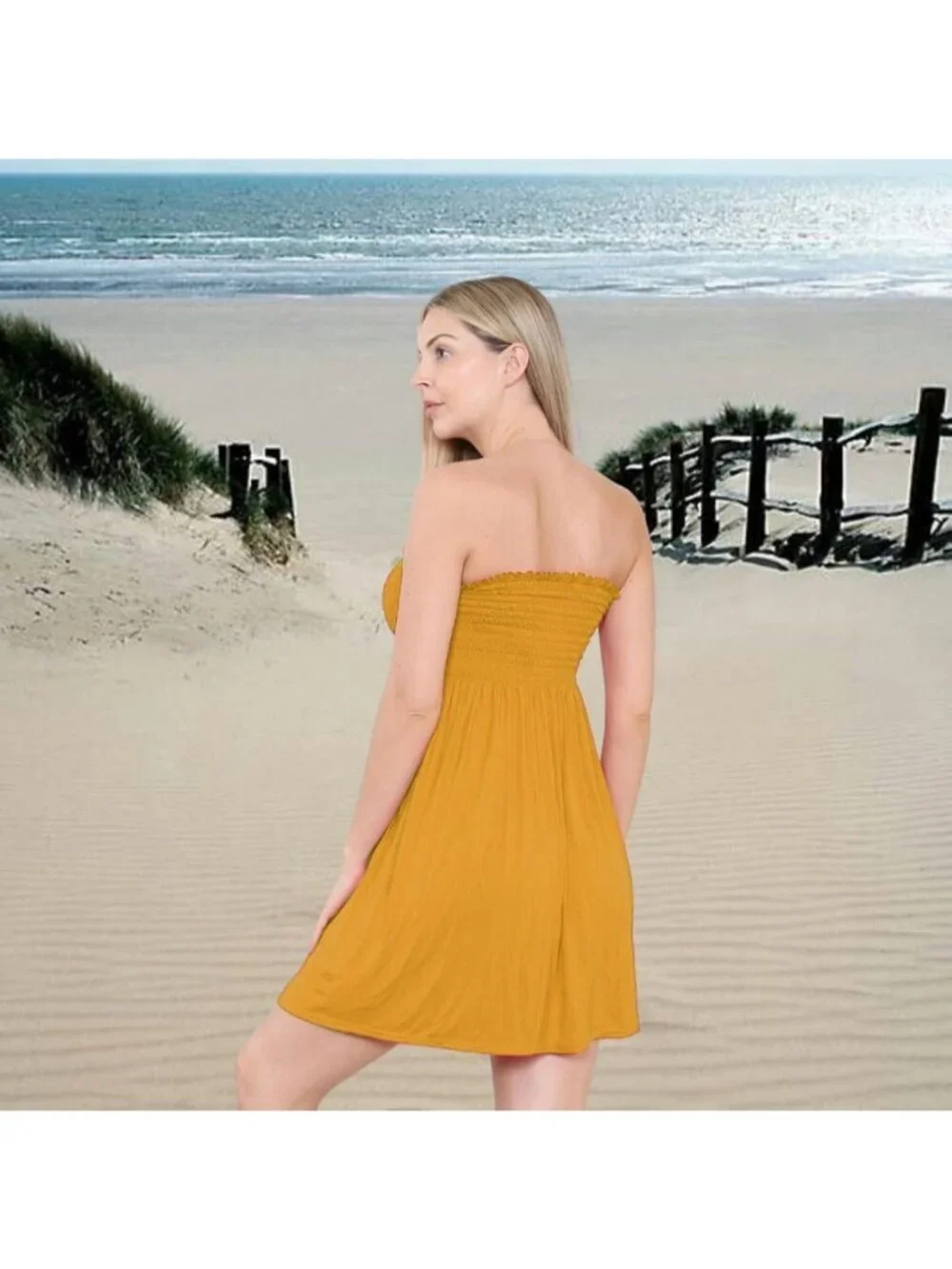 Women's Mustard Sun Strapless Tube Short Beach Summer Dresses Casual Mini Dress